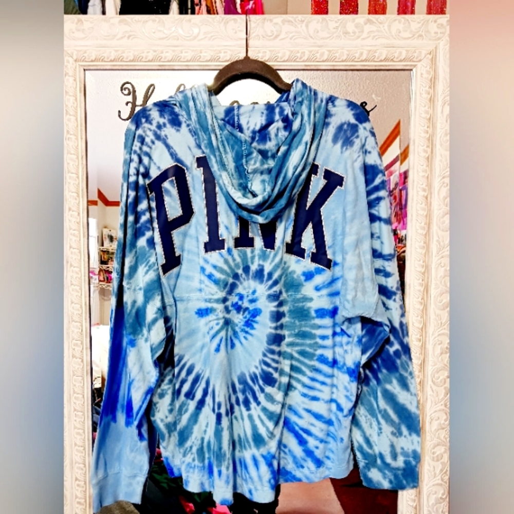 NWT Victoria's Secret PINK Blue Tie Dye Campus Cotton Hoodie Tee Shirt LARGE XL